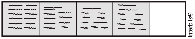 Lousa com quatro partes: três preenchidas no enunciado. Alternativas gráficas preservam um quarto, dois quartos, dois quintos, três quintos e quatro quintos preenchidos; crédito Interbits apenas no último recorte.