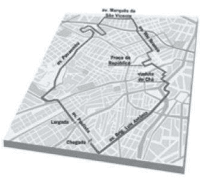 Alternativa e: mapa urbano em perspectiva com percurso.