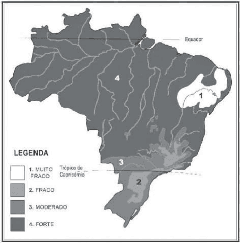 Diagrama de intemperismo e mapa de regiões brasileiras, com quatro zonas e valores originais.