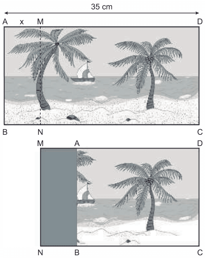 Gravura retangular antes e depois da dobra MN, com dimensão35cm, incógnita x e todos os vértices.