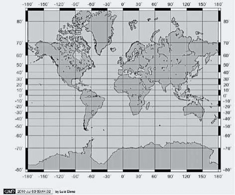 Planisfério de Mercator com grade de latitude e longitude e crédito original.