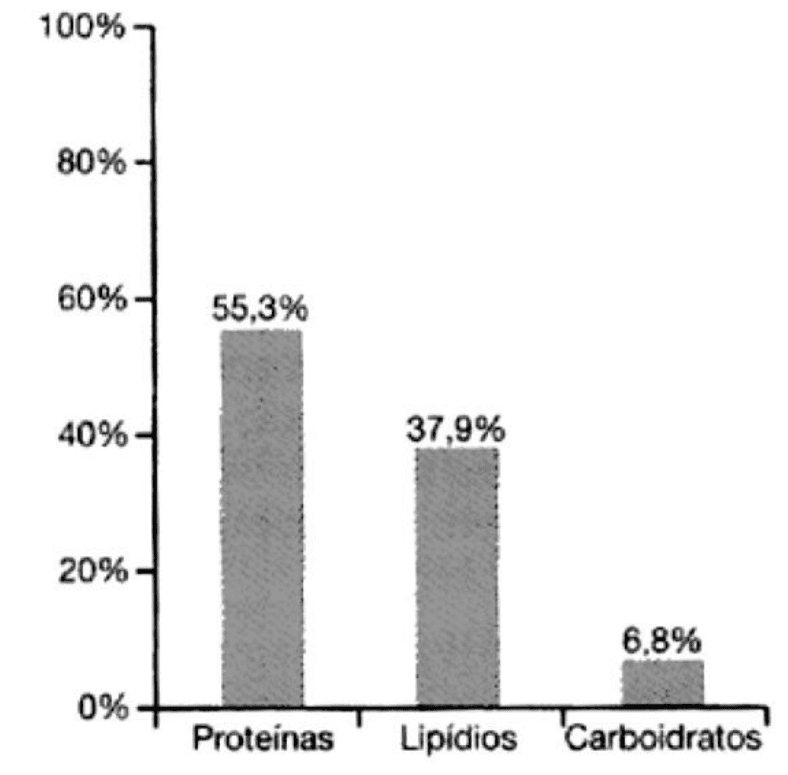 Composição de alimento: proteínas55,3%, lipídios37,9%, carboidratos6,8%.