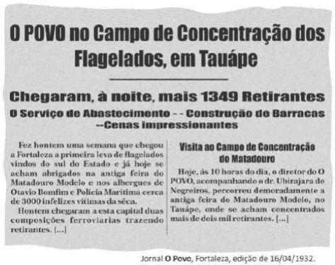 Recorte de O Povo: Campo de Concentração dos Flagelados em Tauape, mais1349retirantes, duas colunas e crédito Jornal O Povo, Fortaleza, edição16/04/1932 completos.
