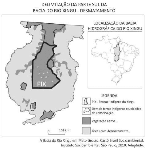Bacia do Xingu e detalhe do Parque Indígena do Xingu, vegetação e desmatamento, limites de terras indígenas e unidades de conservação; títulos, legendas, escala0a103km e crédito Instituto Socioambiental2010 completos.