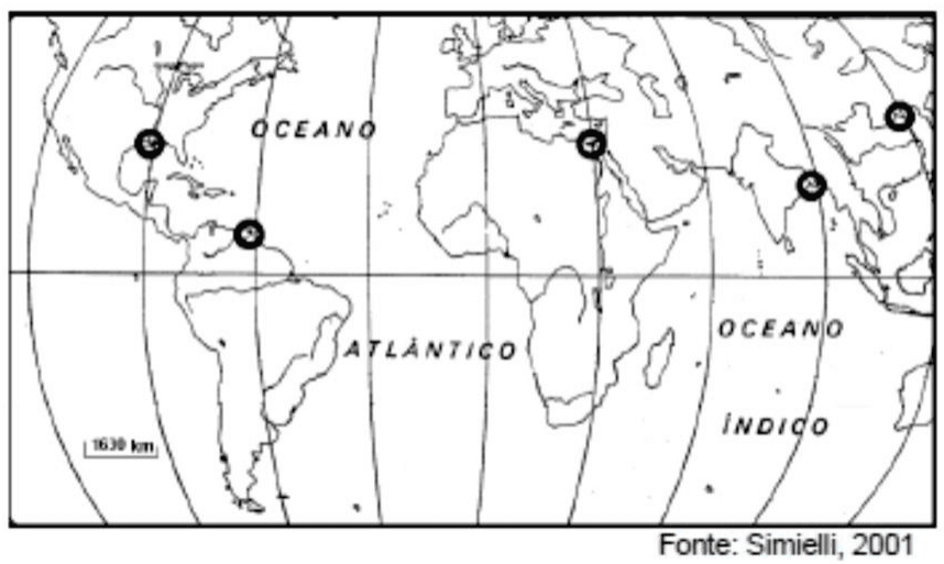 Localização de cinco deltas mundiais em cartograma, oceanos Atlântico e Índico, Equador, escala 1630 km e crédito Simielli, 2001.