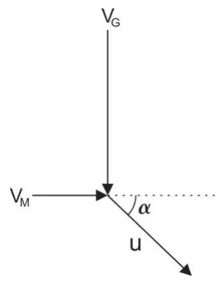 Vetores VG vertical, VM horizontal e u após a captura, formando ângulo alfa com a horizontal.