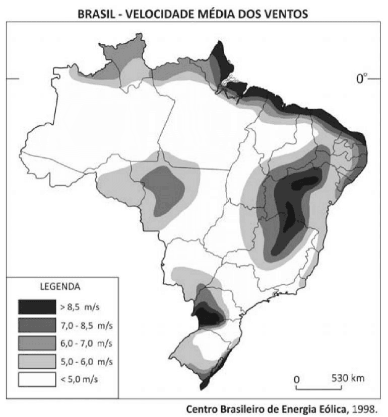 Mapa Brasil: velocidade média dos ventos, cinco faixas na legenda, equador, escala de 530 km e crédito Centro Brasileiro de Energia Eólica, 1998.