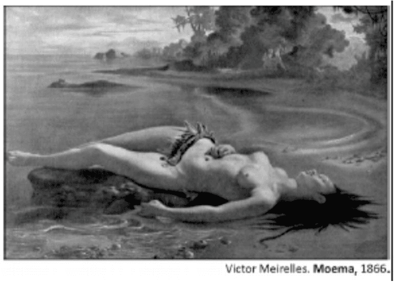 Reprodução integral de Moema: mulher indígena deitada junto à água, praia e vegetação; legenda Victor Meirelles. Moema, 1866.