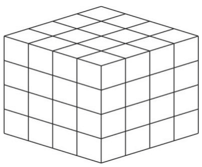Desenho em perspectiva de um cubo subdividido em 64 cubos iguais; cada uma das três faces visíveis tem malha 4 por 4. Preservadas todas as arestas e linhas internas. A imagem impressa é sem cores; o texto informa que cinco faces foram pintadas de vermelho.