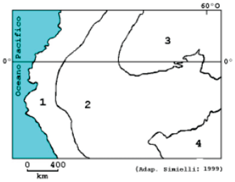 Mapa de unidades geológico-geomorfológicas da Amazônia Ocidental com áreas 1 a 4, Oceano Pacífico, 0°, 60° O, escala 0/400 km e crédito Adap. Simielli: 1999.