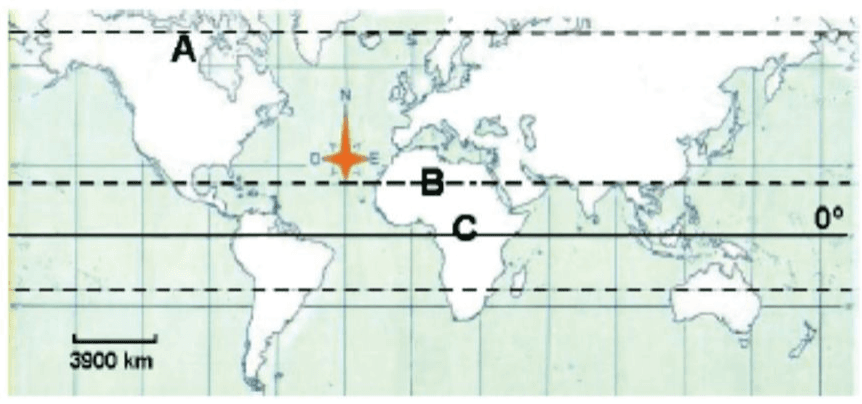 Mapa-múndi com regiões A/B/C, paralelos, rosa dos ventos, Equador e escala de 3900 km.