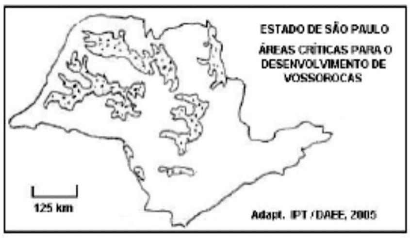 Estado de São Paulo, áreas críticas para o desenvolvimento de vossorocas, escala 125 km e crédito Adapt. IPT/DAEE, 2005.