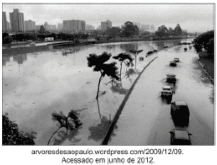 Fotografia de enchente nas marginais do rio Tietê, com crédito arvoresdesaopaulo.wordpress.com/2009/12/09 e acesso em junho de 2012.