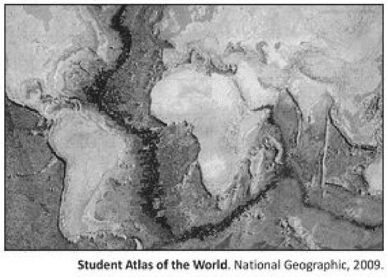 Imagem do relevo do Oceano Atlântico destacando a Dorsal Atlântica, com crédito Student Atlas of the World. National Geographic, 2009.