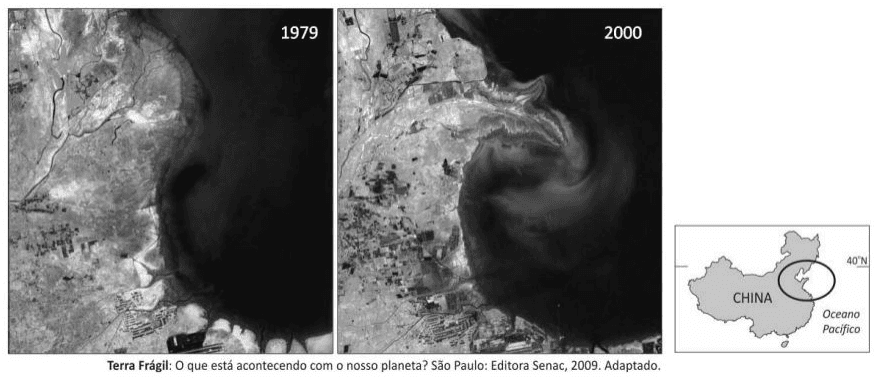 Imagens do delta do rio Huang Ho em 1979 e 2000, mapa de localização na China, coordenada 40° N, Oceano Pacífico e crédito Terra Frágil, Editora Senac, 2009.