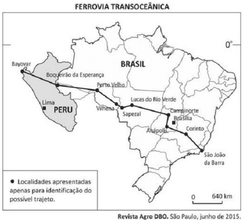 Trajeto proposto da Ferrovia Transoceânica, cidades do Brasil e Peru, paralelo 0°, escala 640 km, legenda sobre localidades apresentadas e crédito Revista Agro DBO, junho de 2015.
