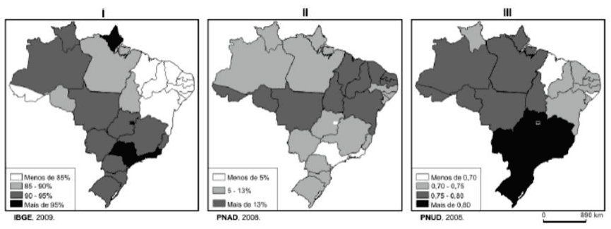 Três mapas I/II/III das unidades da federação, com classes de legendas, créditos IBGE, 2009, PNAD, 2008, PNUD, 2008, e escala de 890 km.