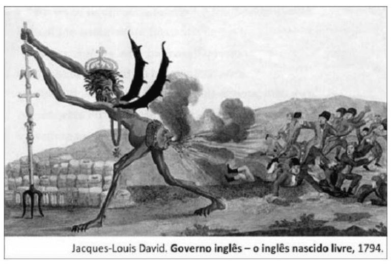 Charge de Jacques-Louis David: figura coroada e esquelética com cetro, paisagem e pessoas à direita. Preservados todos os limites da imagem e o crédito Governo inglês – o inglês nascido livre, 1794.