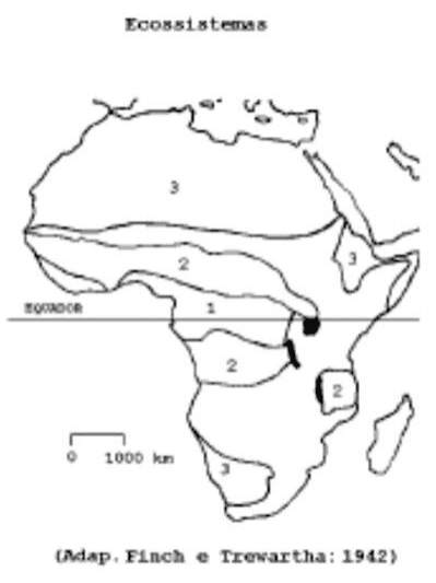 Mapa de ecossistemas da África, regiões numeradas 1, 2 e 3, equador, escala de 1000 km e crédito Finch e Trewartha, 1942.