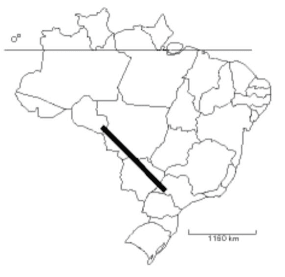 Mapa brasileiro com limites estaduais, trajeto NO-SE, equador e escala de 1150 km.