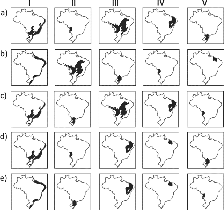 Alternativas a–e com 25 mapas brasileiros, colunas I–V. Grade completa recuperada da prova oficial de 2014, questão 47.