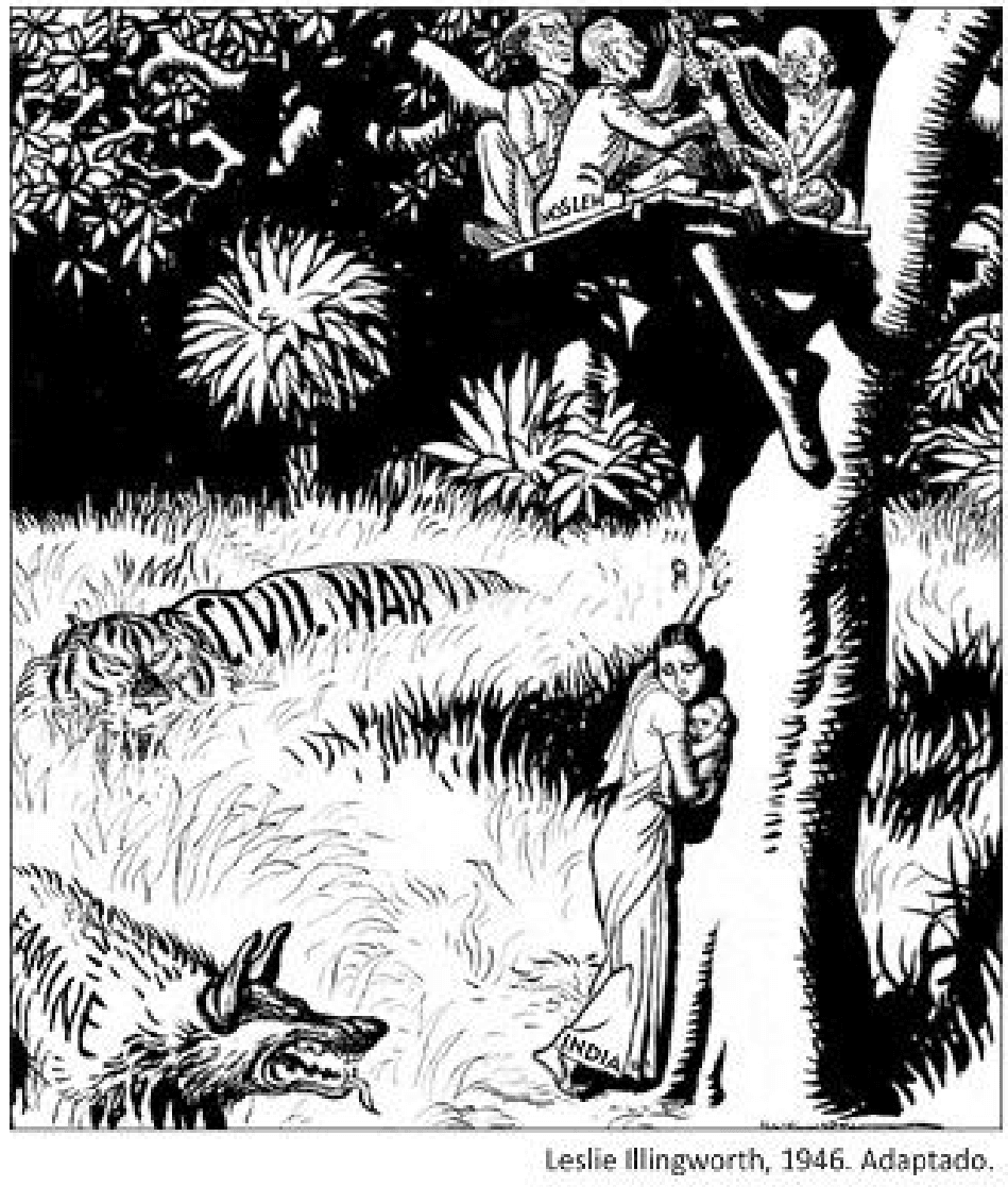 Charge de Leslie Illingworth, 1946, adaptada: homens em um galho, mulher com criança junto ao tronco, tigre CIVIL WAR e animal FAMINE. Preservados rótulos MOSLEM, NEW CONSTITUTION, INDIA, demais traços e crédito. A legenda traduzida é transcrita separadamente em LaTeX.