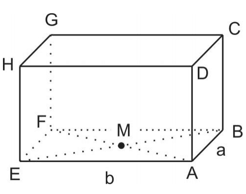 Paralelepípedo de vértices A/B/C/D/E/F/G/H, ponto M, diagonais tracejadas e medidas a/b.