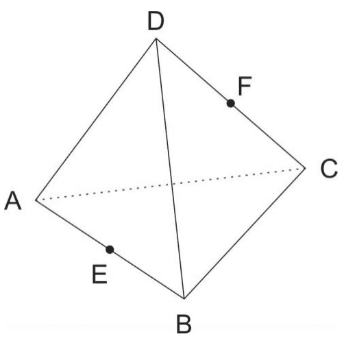 Tetraedro A/B/C/D com pontos E/F e aresta AC tracejada. O desenho imprime E em AB e F em CD, enquanto o enunciado os associa na ordem inversa.