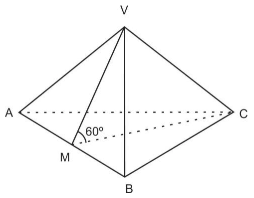 Pirâmide triangular A/B/C/V com ponto M, ângulo 60 graus e arestas tracejadas.