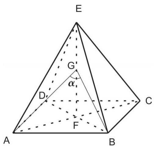 Pirâmide A/B/C/D/E, pé F, ponto G e ângulo alfa, com arestas e linhas auxiliares tracejadas.