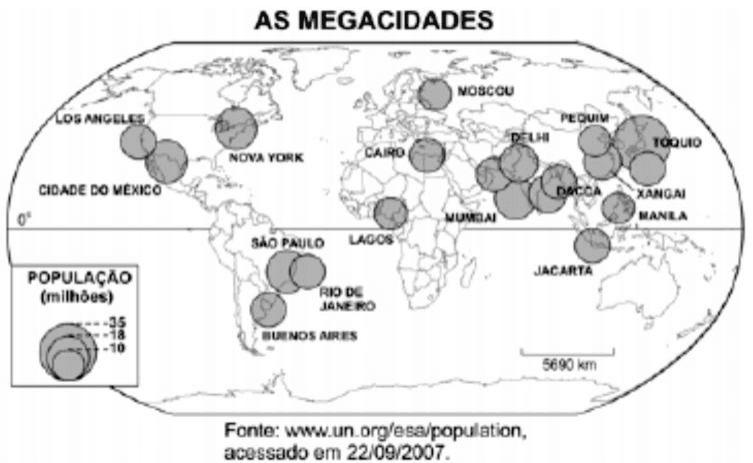 Mapa As Megacidades, com núcleos urbanos, círculos proporcionais de população, nomes, Equador, escala e crédito ONU, acesso 22/09/2007.