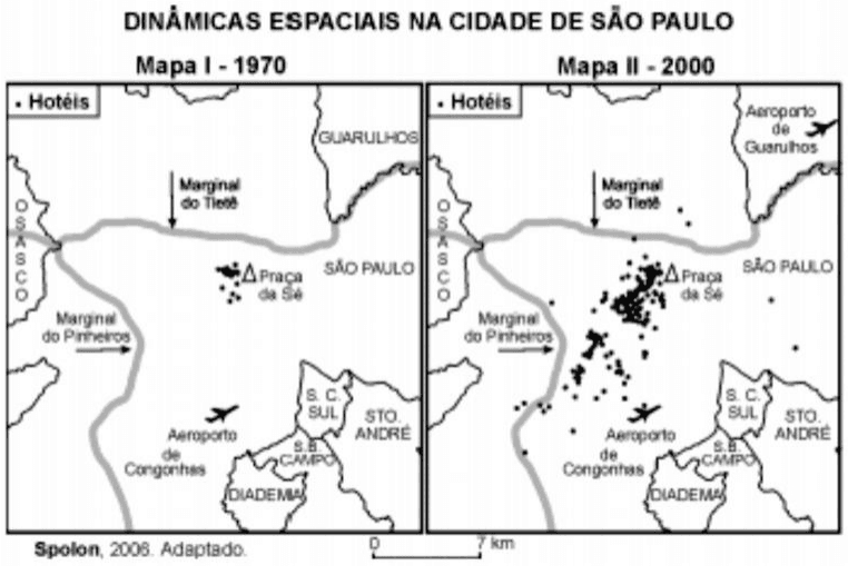 Dinâmicas espaciais na cidade de São Paulo: mapas 1970/2000 de hotéis, municípios, Praça da Sé, marginais, aeroportos, escala e crédito Spolon. Crédito Spolon, 2008. Adaptado; escala 7 km.