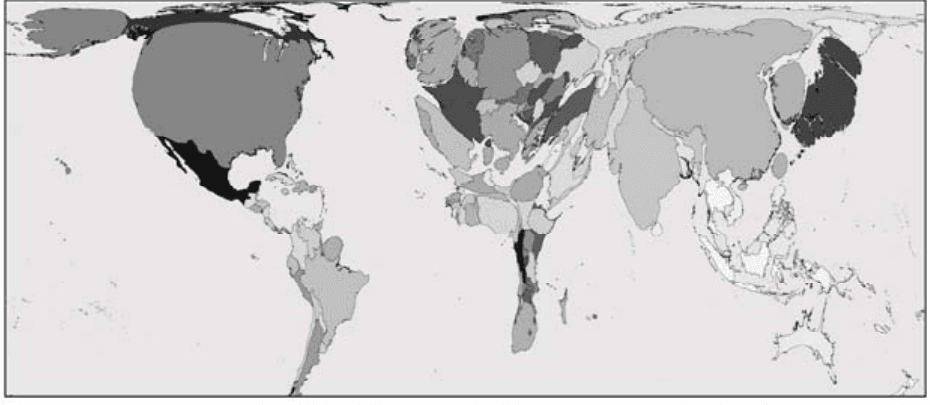 Anamorfose da alternativa (c), preservando formas, proporções e tons dos países como na prova oficial.