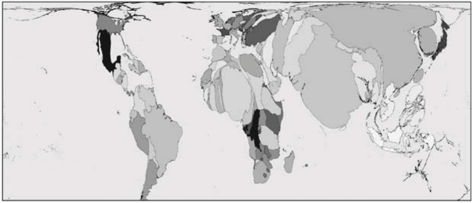 Anamorfose da alternativa (d), preservando formas, proporções e tons dos países como na prova oficial.