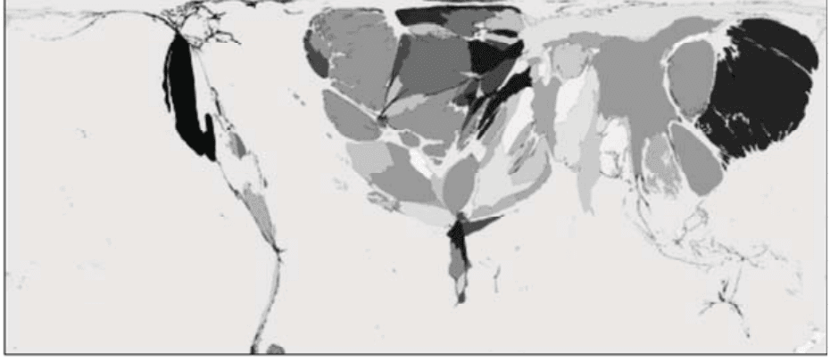 Anamorfose da alternativa (e), preservando formas, proporções e tons dos países como na prova oficial.