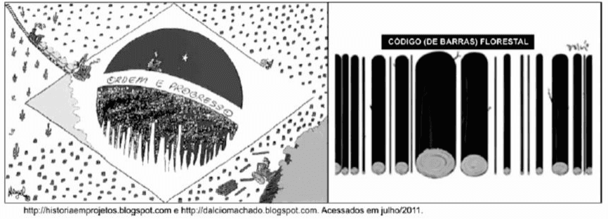 Duas charges: bandeira brasileira com floresta e troncos cortados, e Código de Barras Florestal, com assinaturas e créditos de blogs acessados em julho/2011.