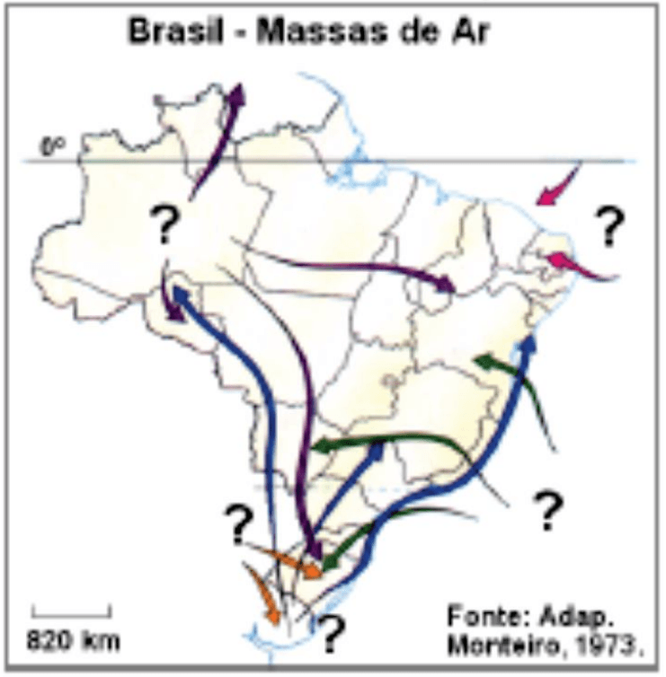 Mapa Brasil - Massas de Ar, com setas, interrogações, paralelo 0°, escala de 820 km e crédito original.