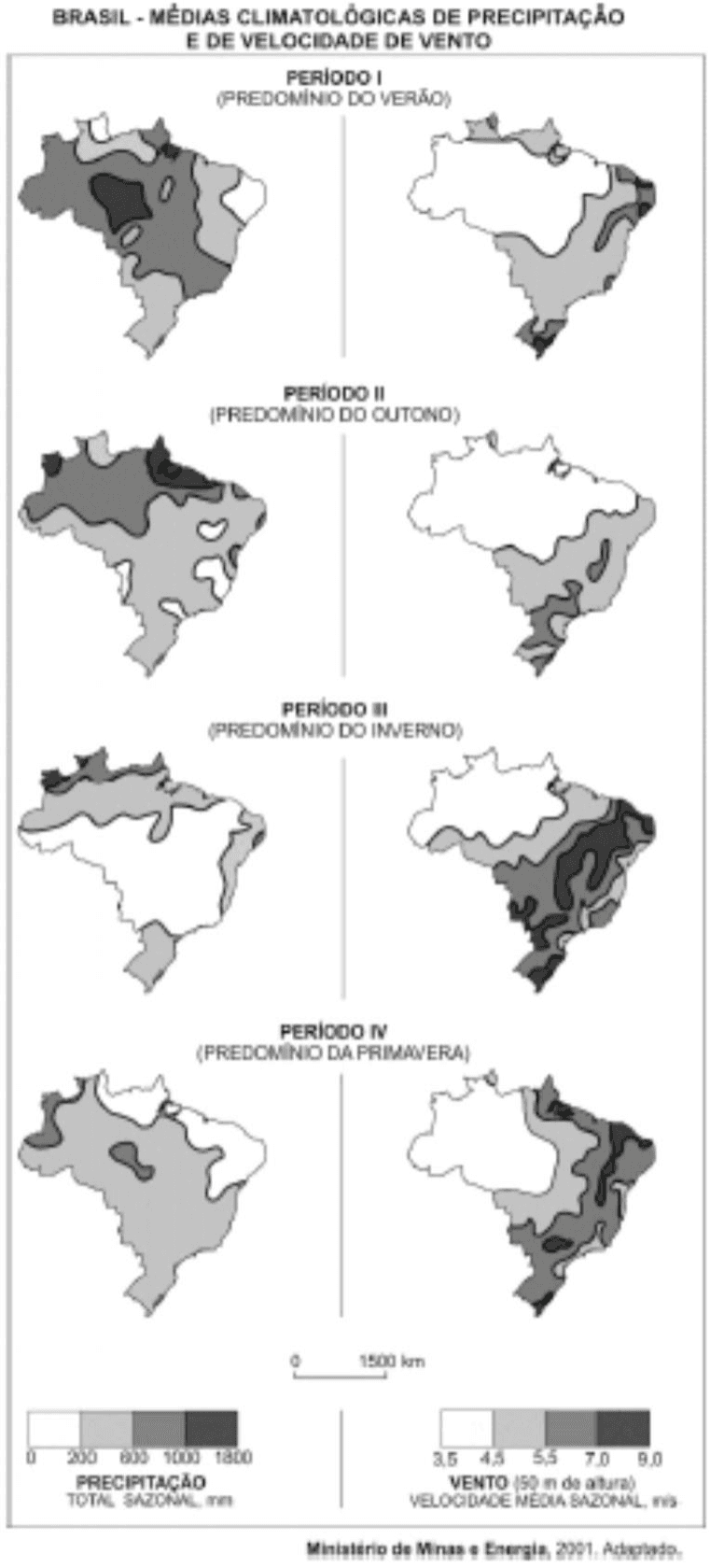 Oito mapas do Brasil nos quatro períodos sazonais, com títulos, legendas de precipitação e vento, escala de 1500 km e crédito Ministério de Minas e Energia, 2001.
