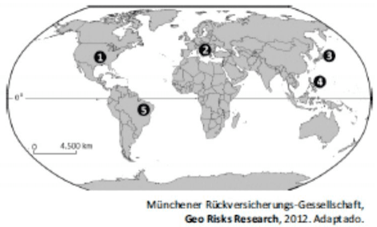 Mapa-múndi com áreas 1 a 5, paralelo 0°, escala de 4500 km e crédito Geo Risks Research, 2012.