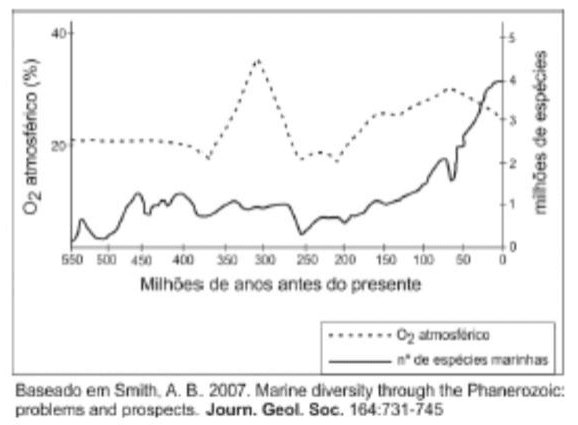Número de espécies marinhas e oxigênio atmosférico de 550 milhões de anos atrás até o presente, com legenda e referência bibliográfica.