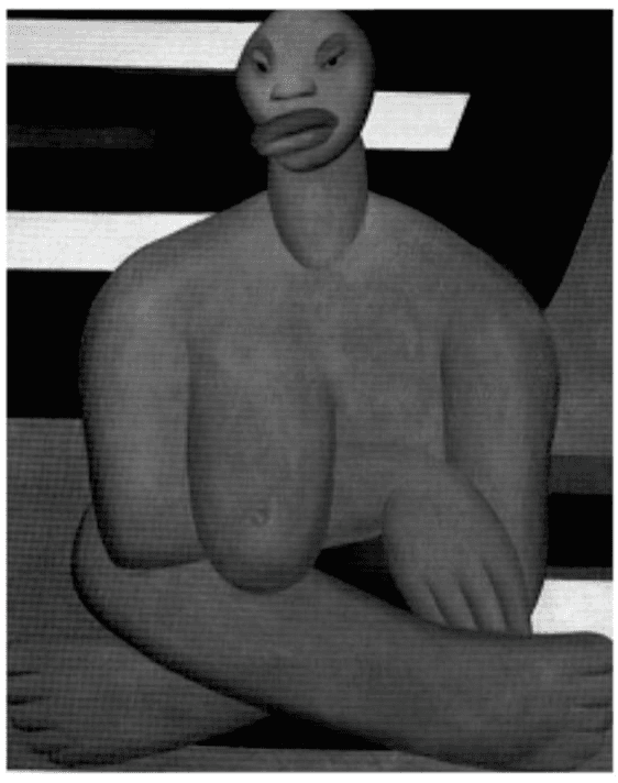 Reprodução em preto e branco da pintura A Negra, de Tarsila do Amaral; limites integrais do quadro.