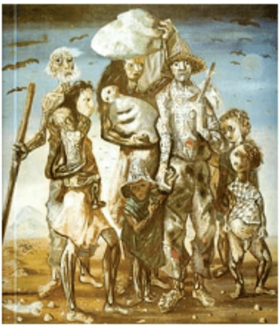 Reprodução colorida de Família de Retirantes, de Candido Portinari; preservada a composição integral.