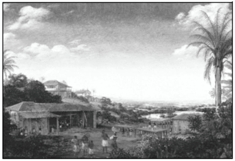 Pintura de Franz Post, paisagem com engenho e personagens; reprodução integral da coletânea.