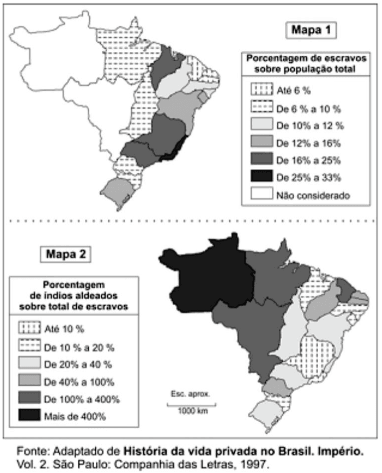 Dois mapas do Brasil em 1872, com porcentagens de escravos sobre população total e de índios aldeados sobre escravos; legendas, escala e fonte História da vida privada no Brasil. Império. Vol. 2. Companhia das Letras, 1997.