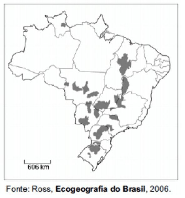 Mapa do Brasil com grupos de municípios assinalados, escala de 606 km e crédito Ross, Ecogeografia do Brasil, 2006.