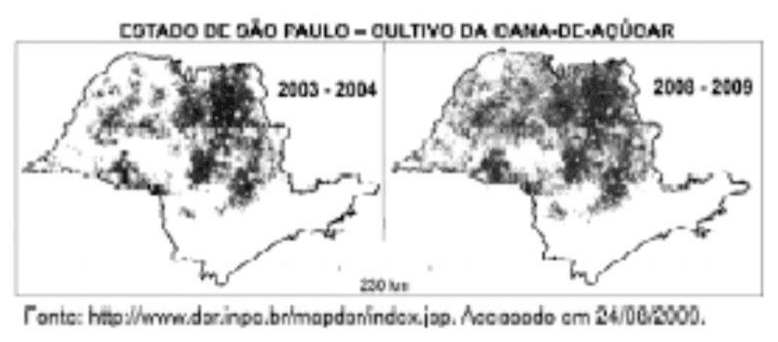 Mapas do cultivo de cana-de-açúcar no Estado de São Paulo em 2003–2004 e 2008–2009, com escala e referência da fonte.