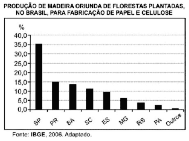 Gráfico de produção de madeira de florestas plantadas no Brasil para papel e celulose, porcentagens por estado; fonte IBGE, 2006, adaptado.