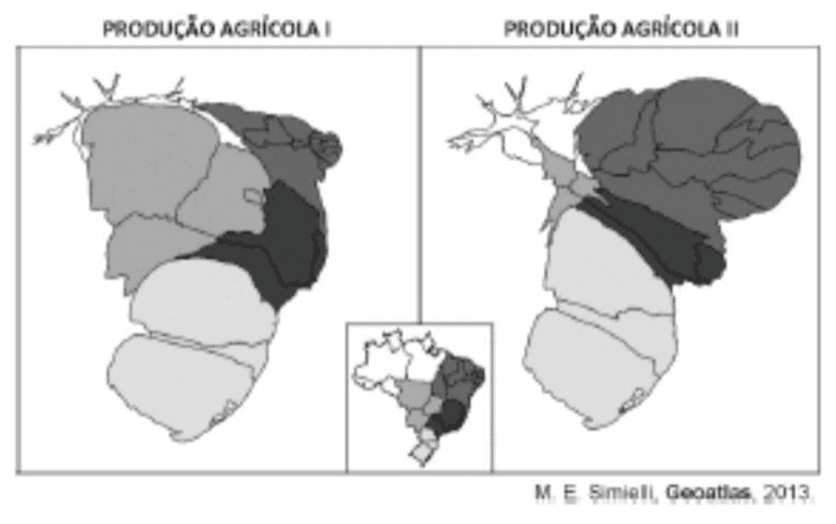 Anamorfoses Produção Agrícola I e II por regiões brasileiras e mapa de referência; crédito M. E. Simielli, Geoatlas, 2013.