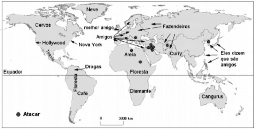 Mapa satírico do mundo com rótulos e setas, Equador, escala, legenda Atacar e referências a regiões segundo uma visão geopolítica.