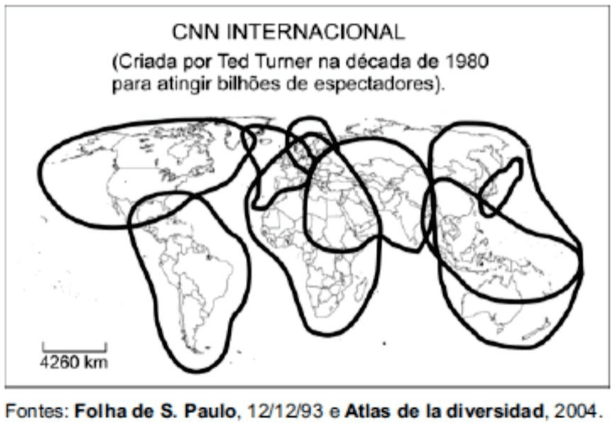 CNN Internacional: título, nota sobre Ted Turner e a década de 1980, áreas de cobertura dos satélites, escala 4260 km e fontes Folha de S. Paulo, 12/12/93, e Atlas de la diversidad, 2004.
